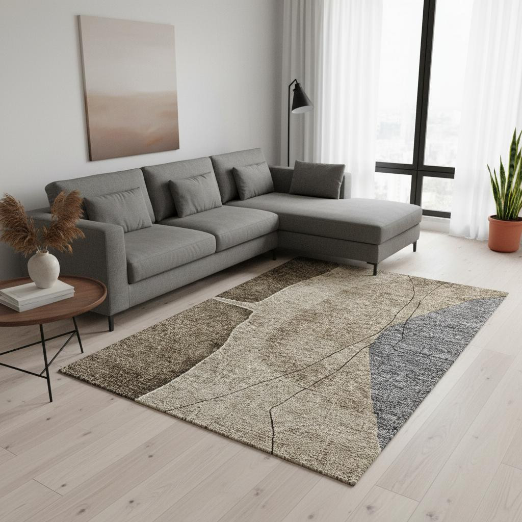 656553 8 x 10 ft. Brown, Beige & Blue Abstract Washable Machine Made Rectangle Area Rug with UV Protection