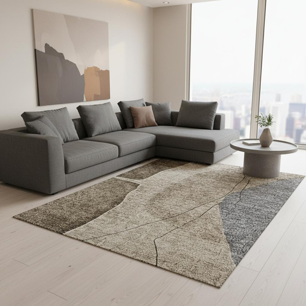 656554 9 x 12 ft. Brown, Beige & Blue Abstract Washable Machine Made Rectangle Area Rug with UV Protection