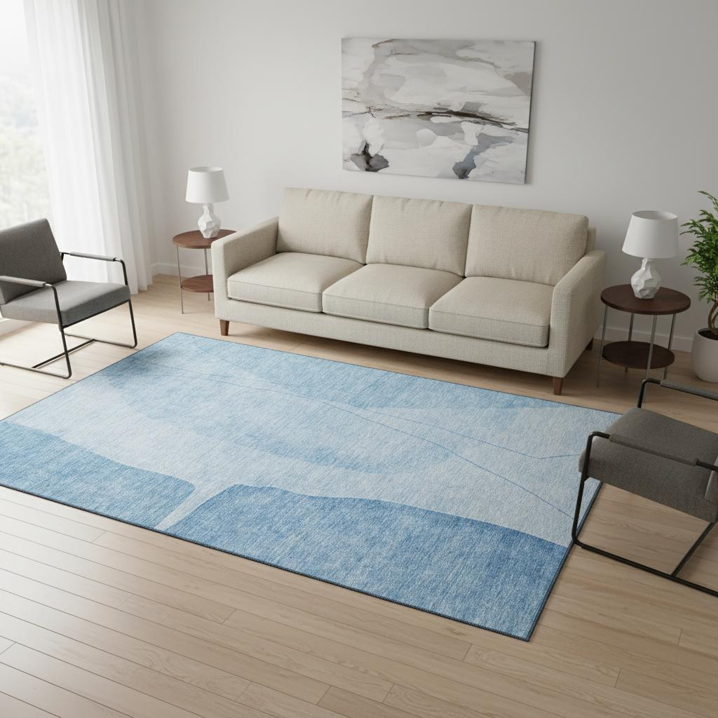 656557 5 x 8 ft. Blue & Ivory Abstract Transitional Washable Machine Made Rectangle Area Rug with UV Protection