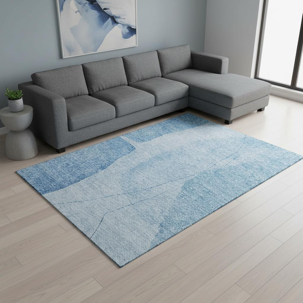 656561 10 x 14 ft. Blue & Ivory Abstract Transitional Washable Machine Made Rectangle Area Rug with UV Protection