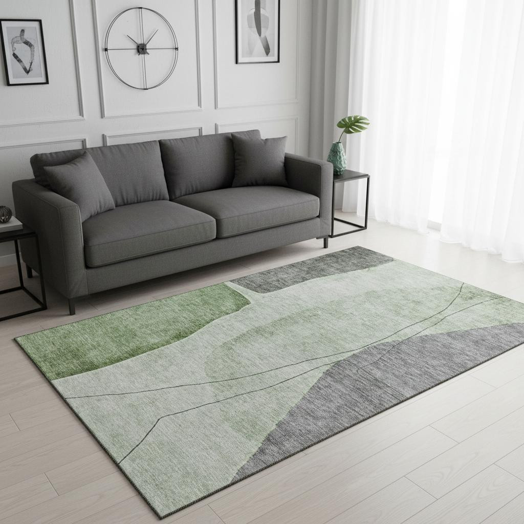 656563 5 x 8 ft. Green, Gray & Ivory Abstract Transitional Washable Machine Made Rectangle Area Rug with UV Protection