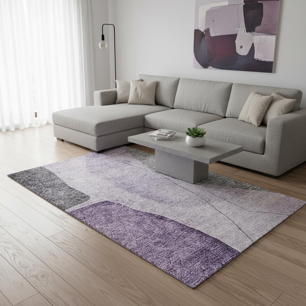 656579 10 x 14 ft. Purple, Gray & Ivory Abstract Transitional Washable Machine Made Rectangle Area Rug with UV Protection