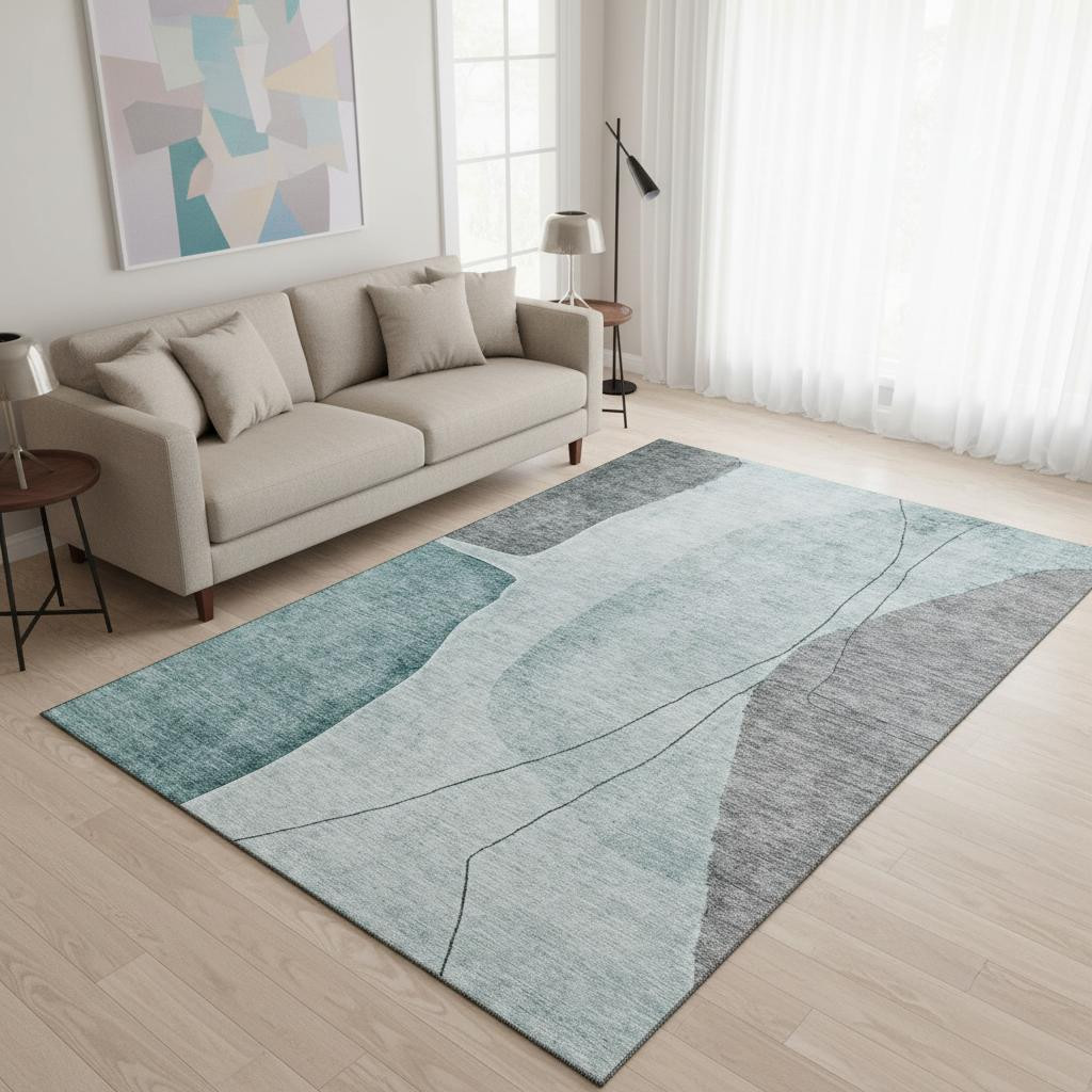 656581 5 x 8 ft. Teal, Gray & Ivory Abstract Transitional Washable Machine Made Rectangle Area Rug with UV Protection