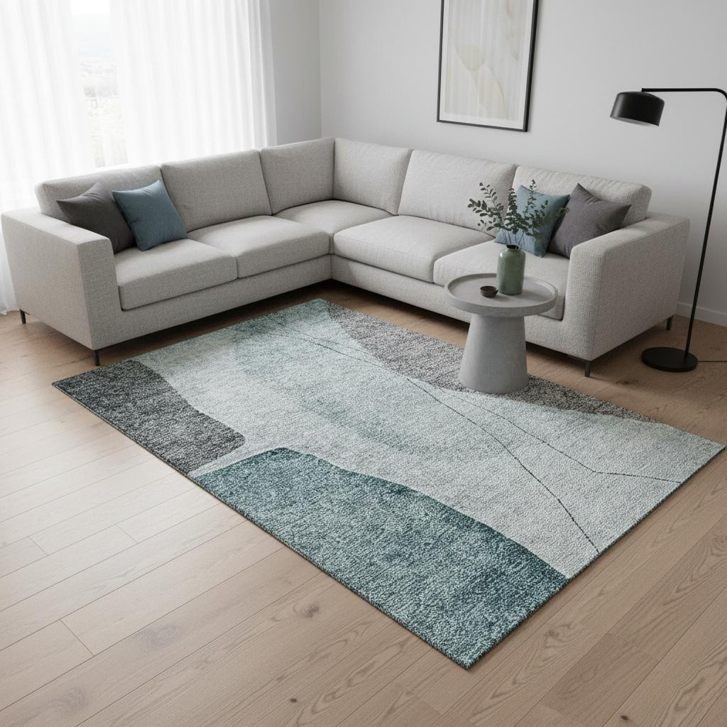 656584 9 x 12 ft. Teal, Gray & Ivory Abstract Transitional Washable Machine Made Rectangle Area Rug with UV Protection