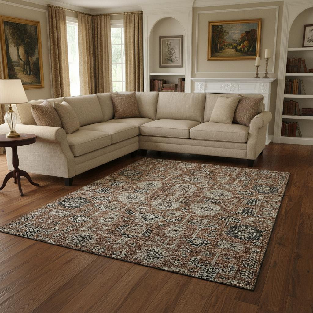 656668 9 x 12 ft. Rust Gray & Charcoal Oriental Washable Machine Made Rectangle Area Rug with UV Protection