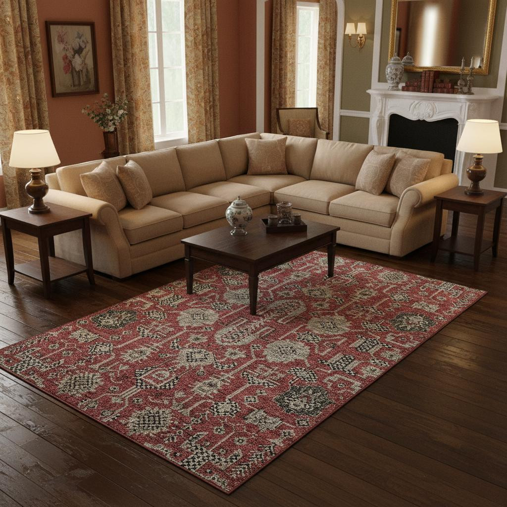 656679 8 x 10 ft. Red Beige & Charcoal Oriental Washable Machine Made Rectangle Area Rug with UV Protection