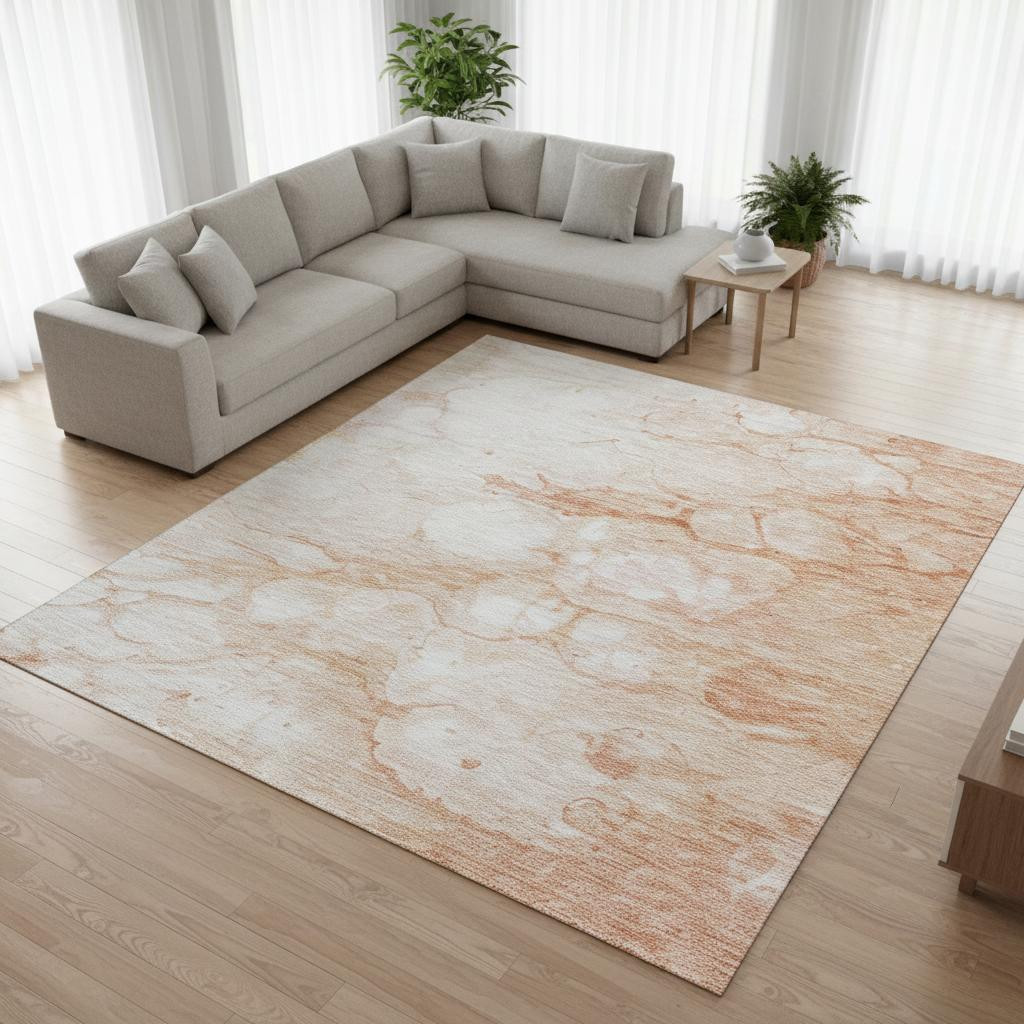 656758 9 x 12 ft. Coral & Ivory Abstract Transitional Washable Machine Made Rectangle Area Rug with UV Protection