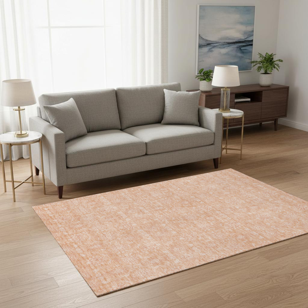 656911 5 x 8 ft. Peach & Ivory Floral Washable Machine Made Rectangle Area Rug with UV Protection