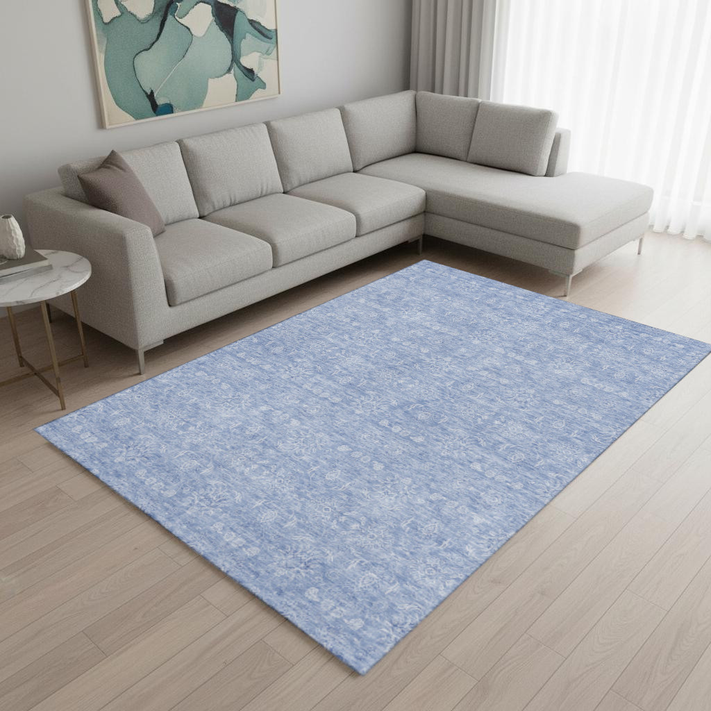 656921 10 x 14 ft. Sky Blue & Ivory Floral Transitional Washable Machine Made Rectangle Area Rug with UV Protection