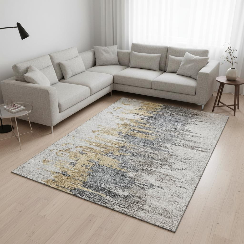 656943 8 x 10 ft. Ivory Gold & Gray Abstract Washable Machine Made Rectangle Area Rug with UV Protection