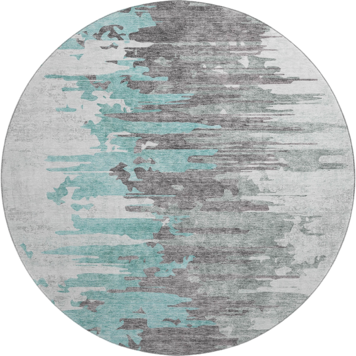 656960 8 ft. Teal, Gray & Ivory Abstract Transitional Washable Round Area Rug with UV Protection