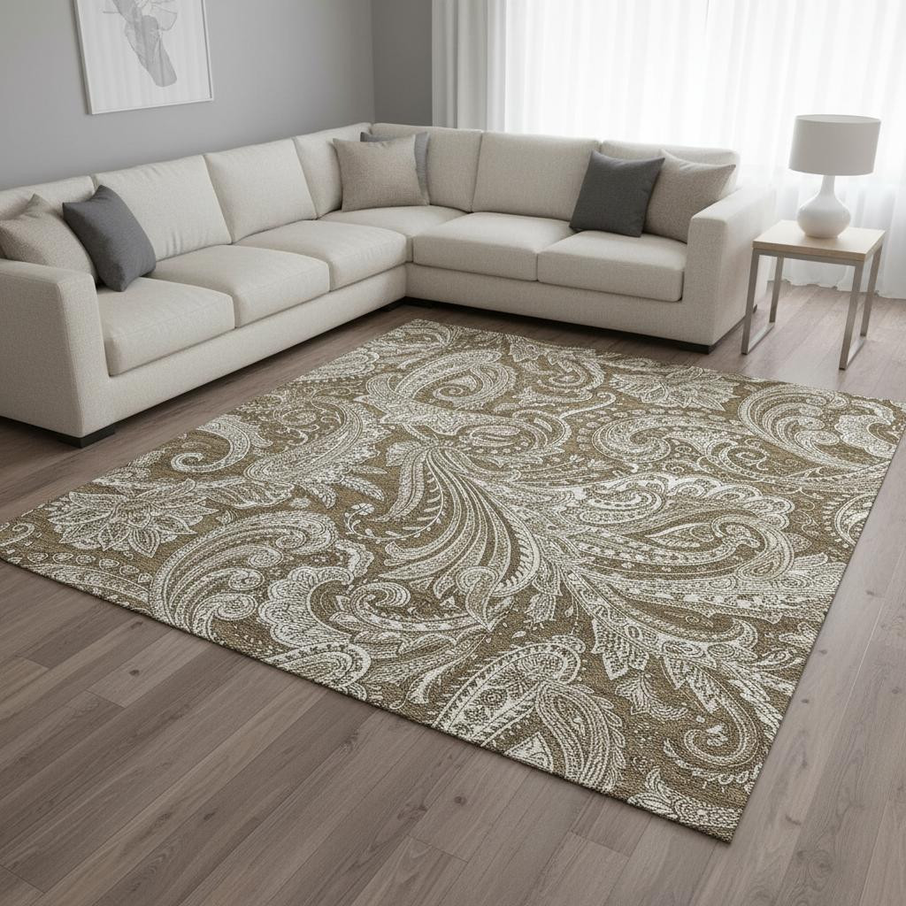 654648 8 x 10 ft. Chocolate & Ivory Paisley Washable Machine Made Rectangle Area Rug with UV Protection