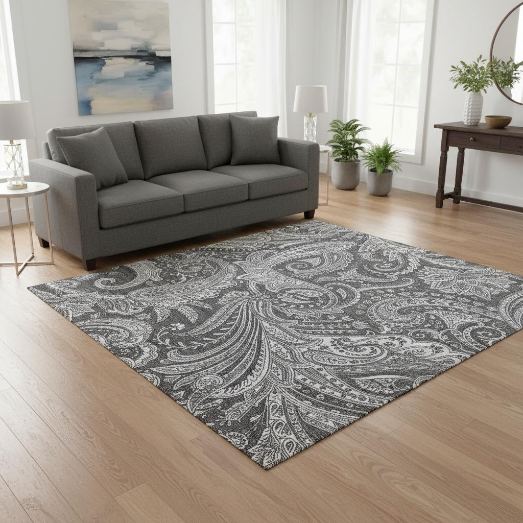 654658 5 x 8 ft. Gray & Ivory Paisley Washable Machine Made Rectangle Area Rug with UV Protection