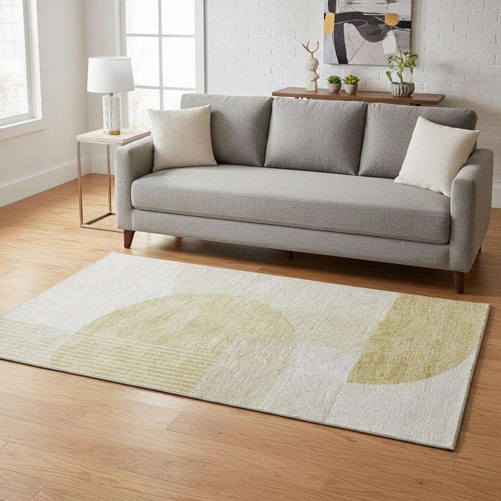 655838 5 x 8 ft. Gold & Ivory Geometric Transitional Washable Machine Made Rectangle Area Rug with UV Protection