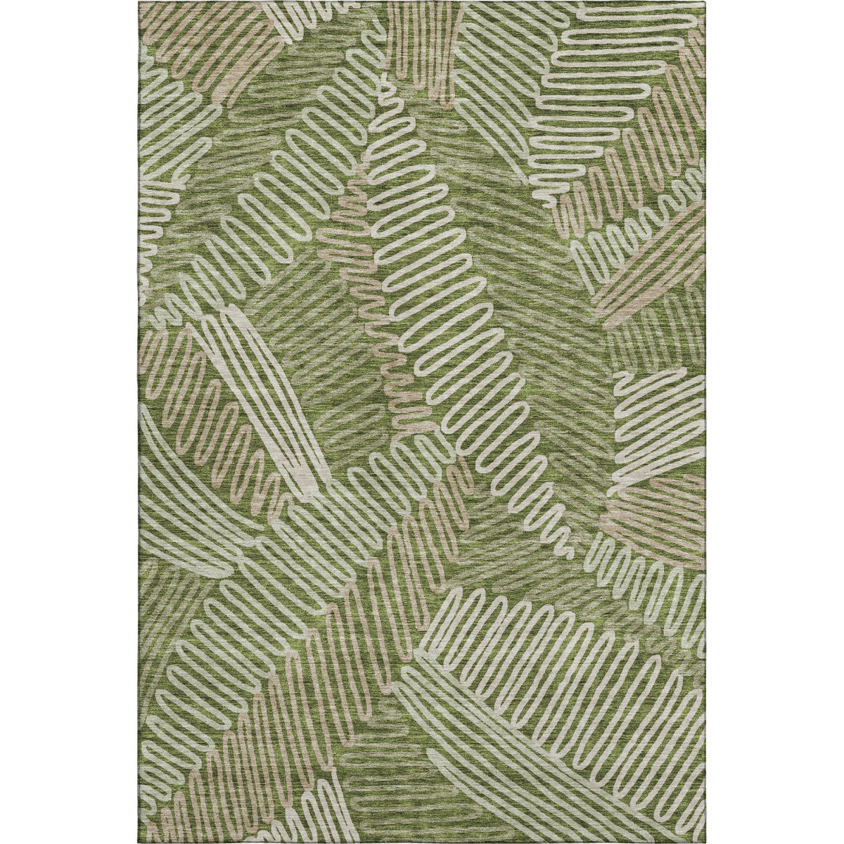 671914 5 x 8 ft. Olive Green, Ivory & Beige Floral Washable Machine Made Rectangle Area Rug with UV Protection