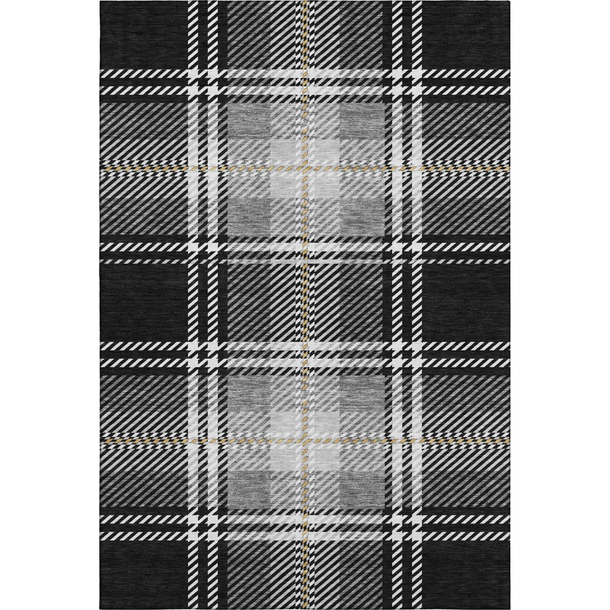 674292 9 x 12 ft. Black Ivory & Gold Plaid Washable Machine Made Rectangle Area Rug with UV Protection