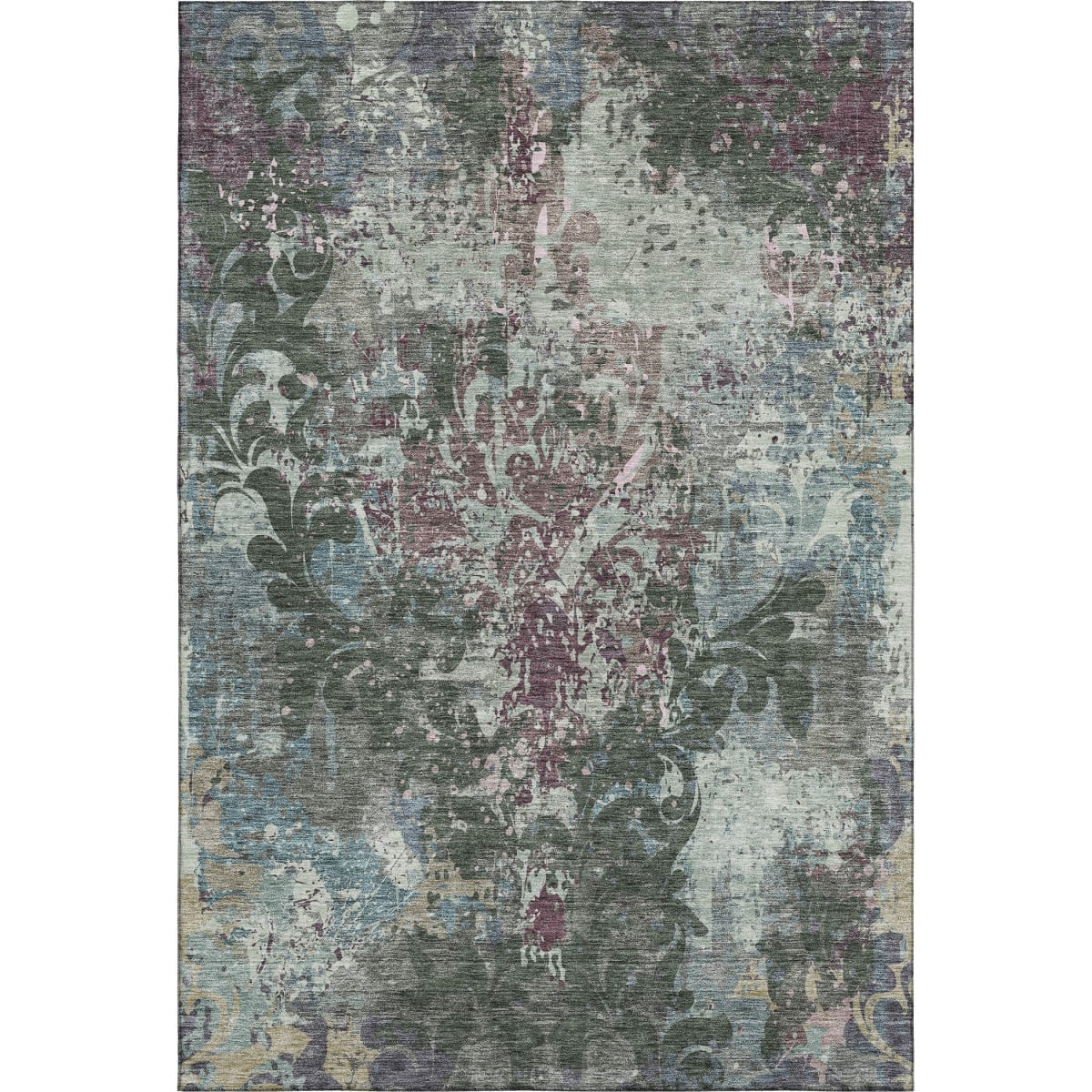 674364 9 x 12 ft. Fern Green Purple & Teal Damask Washable Machine Made Rectangle Area Rug with UV Protection