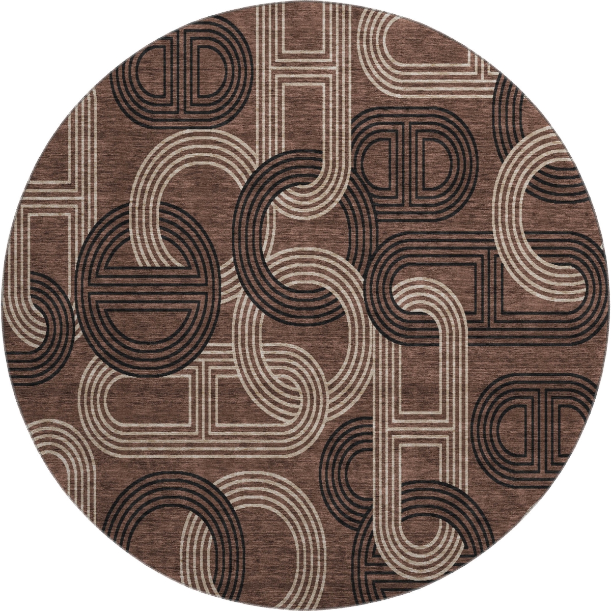 676527 8 ft. Chocolate Black & Beige Geometric Washable Round Area Rug with UV Protection