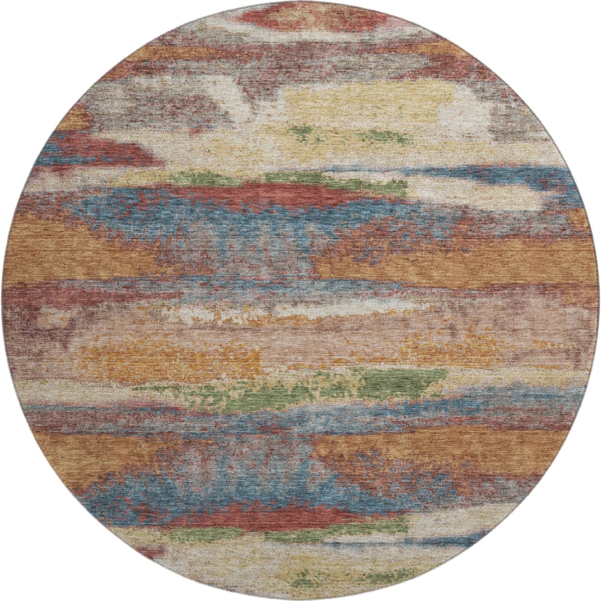 675039 8 ft. Rust Green & Gold Abstract Washable Round Area Rug with UV Protection