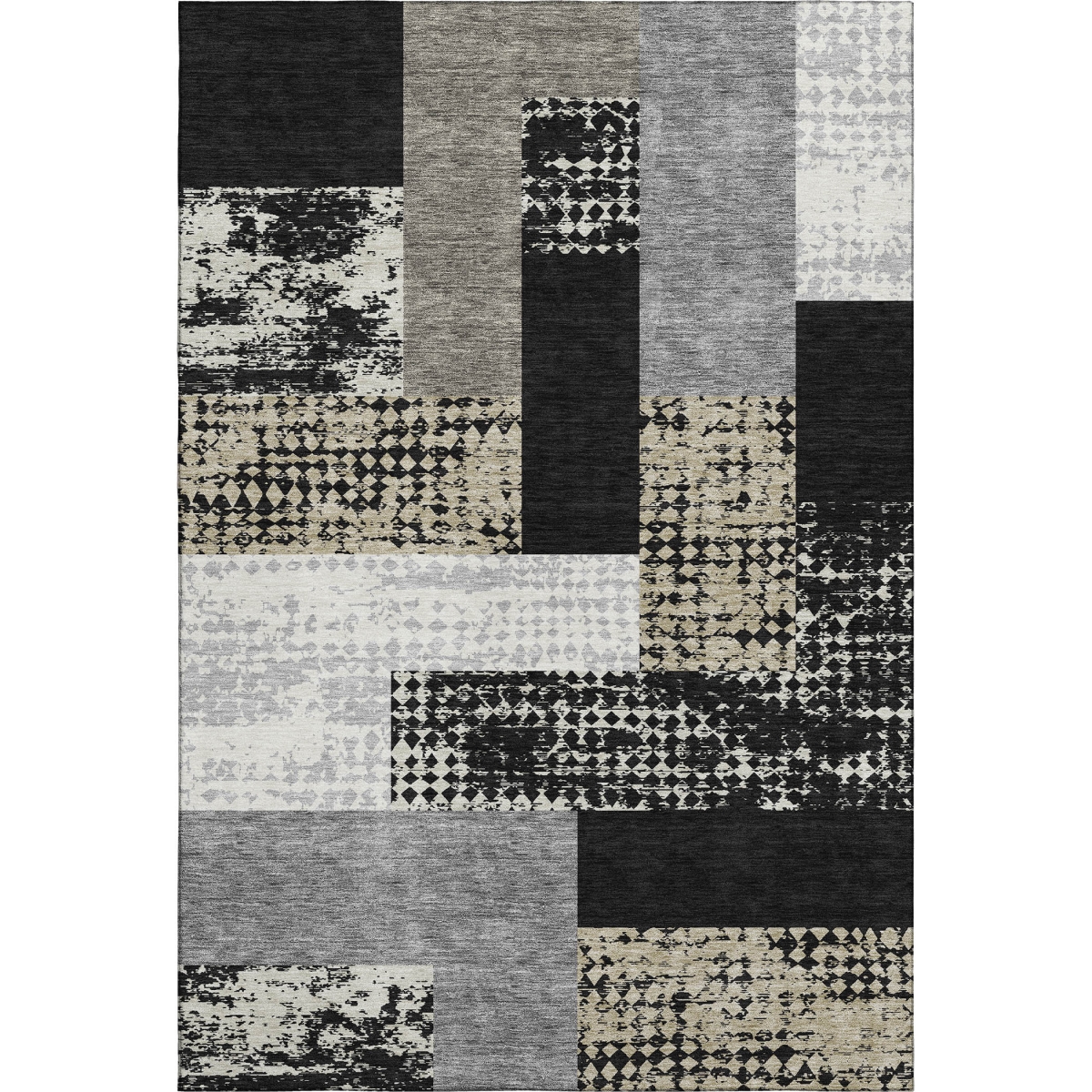 674912 5 x 8 ft. Black Ivory & Beige Geometric Transitional Washable Machine Made Rectangle Area Rug with UV Protection