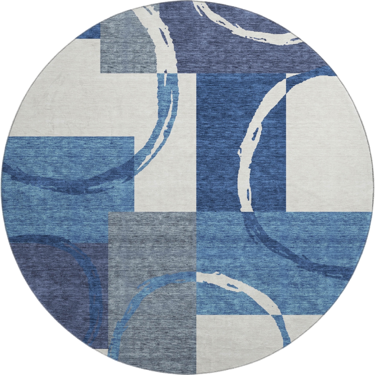 675057 8 ft. Blue & Ivory Geometric Transitional Washable Round Area Rug with UV Protection