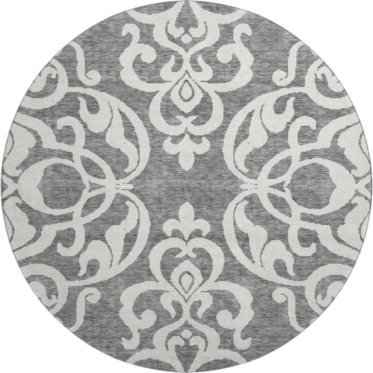 676917 8 ft. Gray & Ivory Damask Washable Round Area Rug with UV Protection