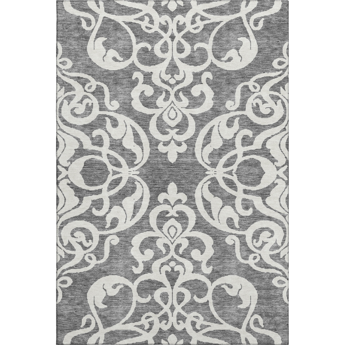 676920 10 x 14 ft. Gray & Ivory Damask Washable Machine Made Rectangle Area Rug with UV Protection