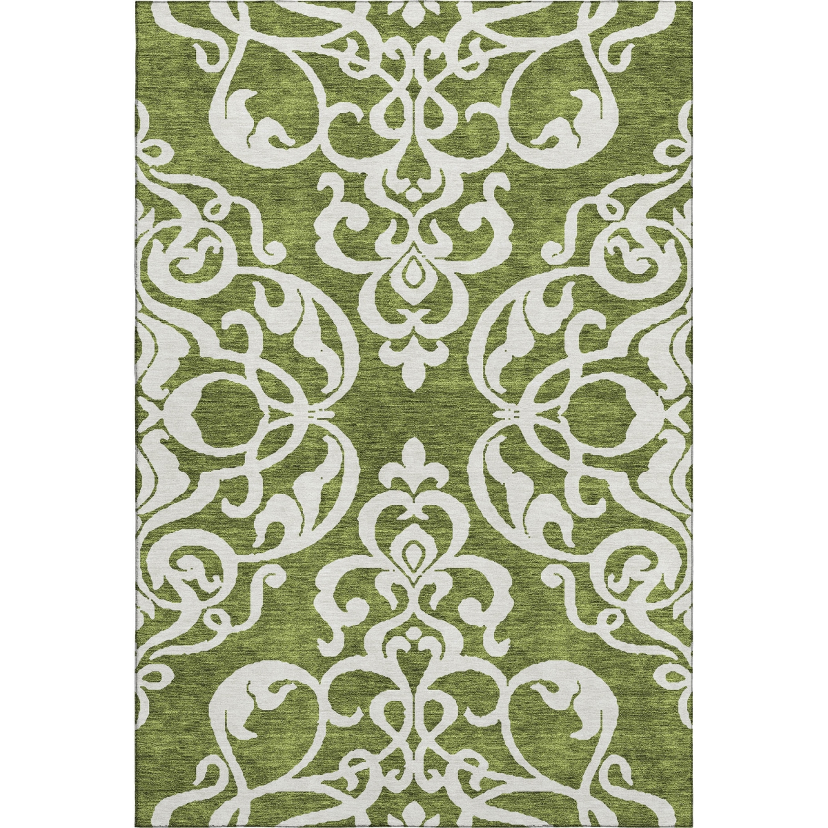 676926 10 x 14 ft. Green & Ivory Damask Washable Machine Made Rectangle Area Rug with UV Protection