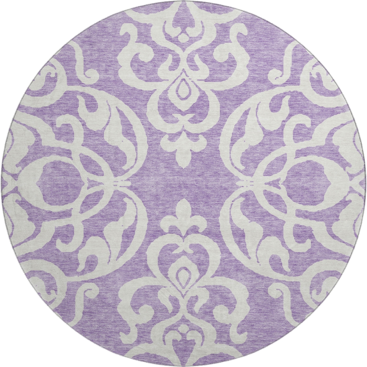 676941 8 ft. Purple & Ivory Damask Washable Round Area Rug with UV Protection
