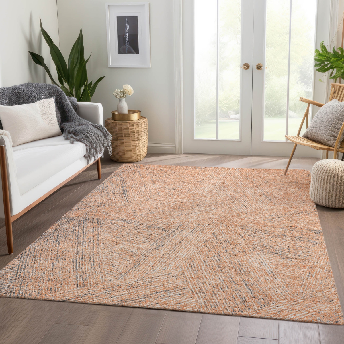 678169 5 x 8 ft. Peach, Ivory & Gray Abstract Washable Machine Made Rectangle Area Rug with UV Protection