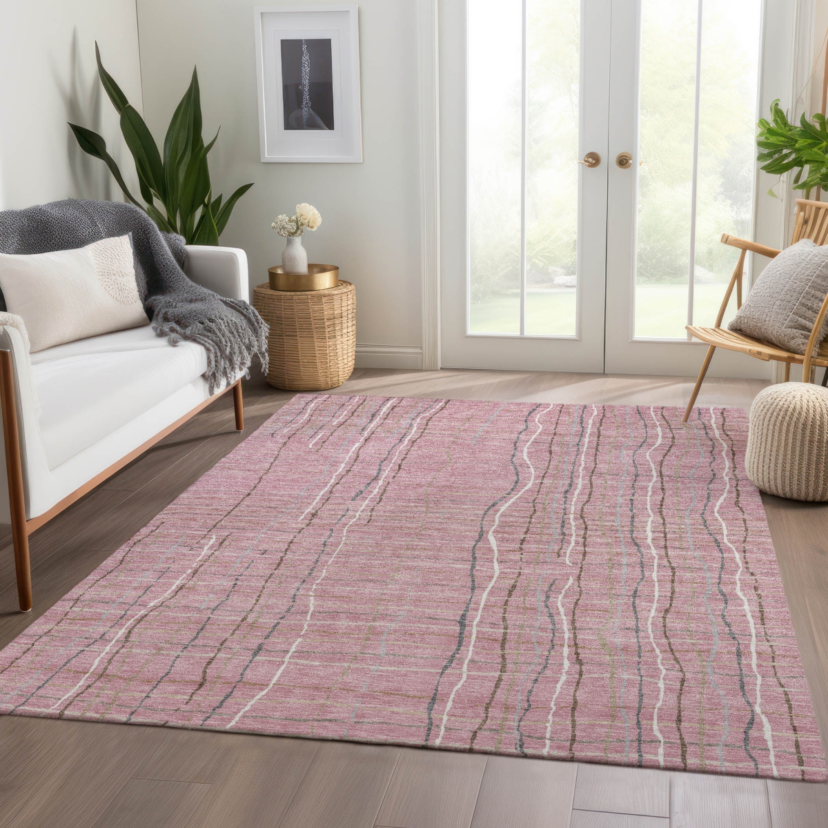 678579 9 x 12 ft. Pink, Ivory & Gray Striped Transitional Washable Machine Made Rectangle Area Rug with UV Protection