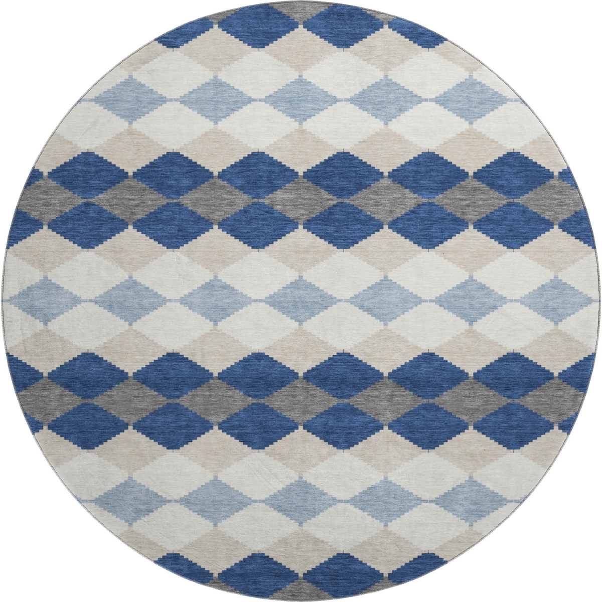 679075 8 ft. Navy Blue, Ivory & Gray Geometric Transitional Washable Round Area Rug with UV Protection
