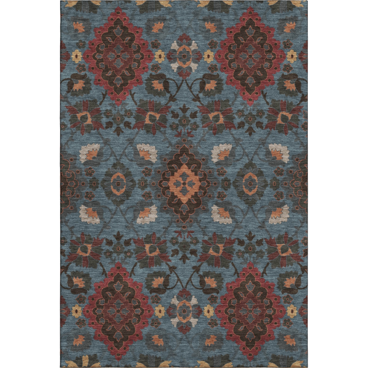 678843 9 x 12 ft. Denim Blue, Red & Salmon Oriental Washable Machine Made Rectangle Area Rug with UV Protection
