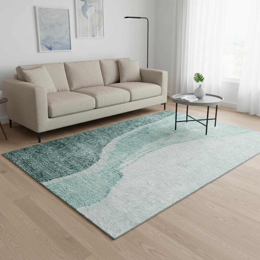 655333 5 x 8 ft. Teal & Ivory Abstract Transitional Washable Machine Made Rectangle Area Rug with UV Protection