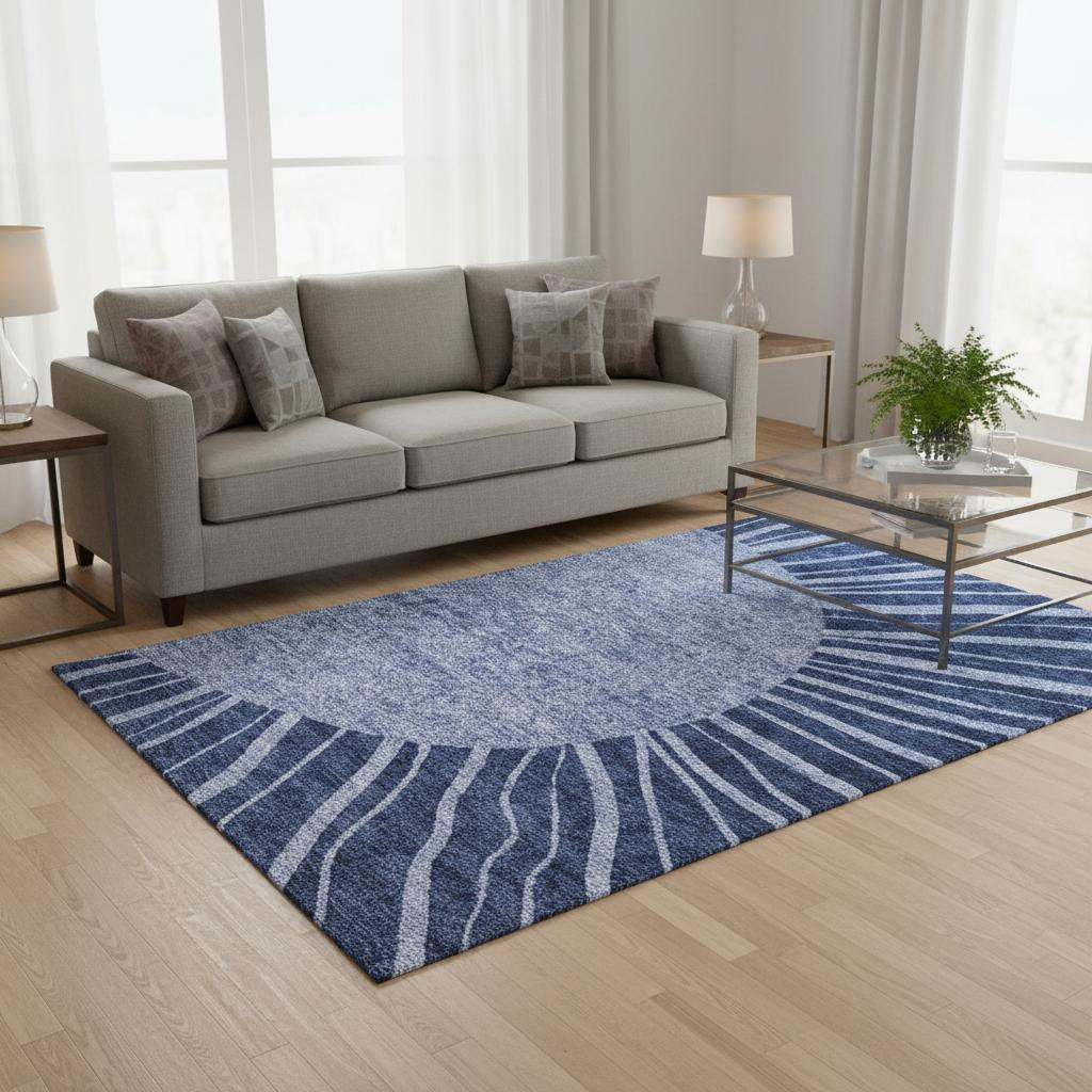 655393 5 x 8 ft. Navy Blue & Ivory Abstract Transitional Washable Machine Made Rectangle Area Rug with UV Protection