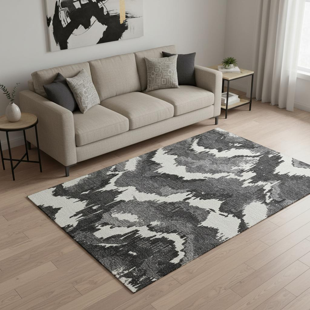 668623 5 x 8 ft. Black & Ivory Abstract Transitional Washable Machine Made Rectangle Area Rug with UV Protection