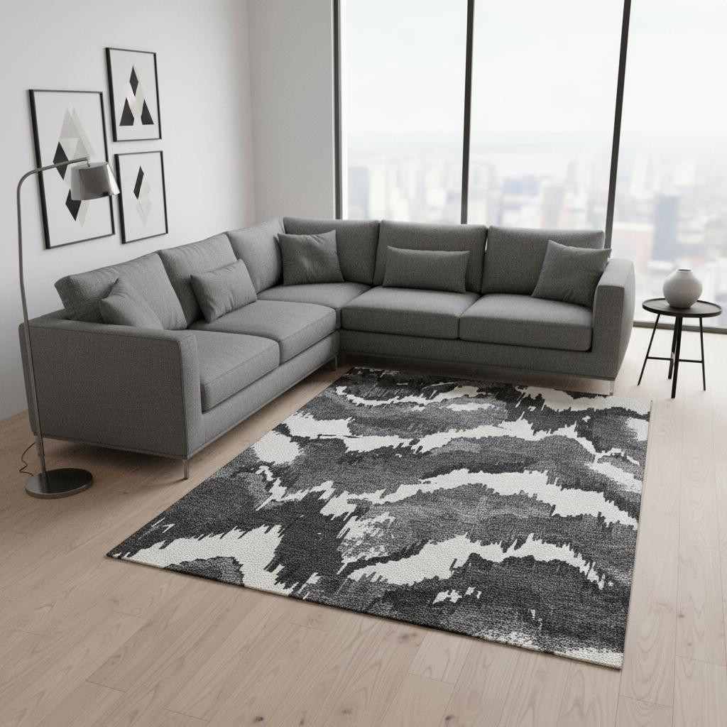 668626 9 x 12 ft. Black & Ivory Abstract Transitional Washable Machine Made Rectangle Area Rug with UV Protection