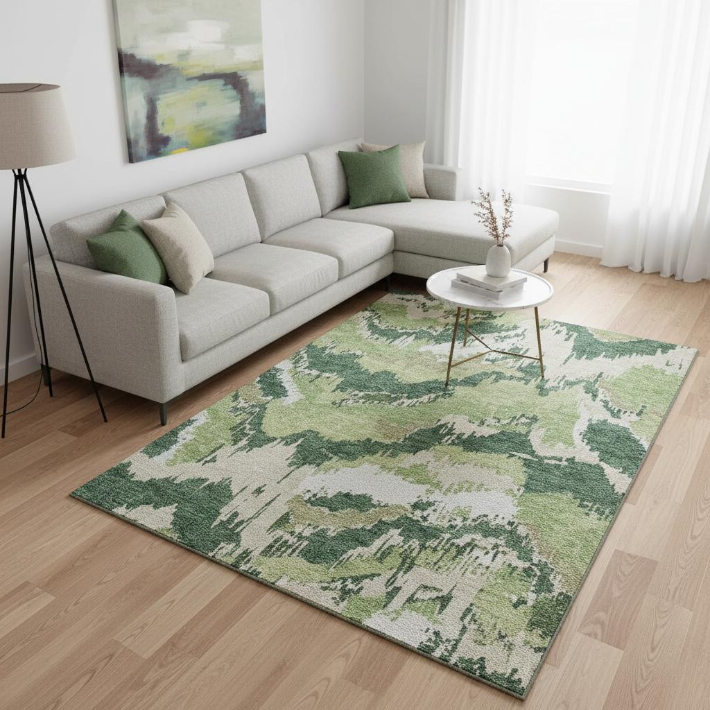 668662 9 x 12 ft. Green, Ivory & Beige Abstract Washable Machine Made Rectangle Area Rug with UV Protection