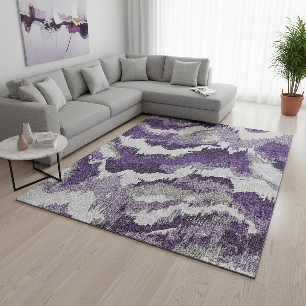 668685 8 x 10 ft. Purple, Ivory & Gray Abstract Transitional Washable Machine Made Rectangle Area Rug with UV Protection