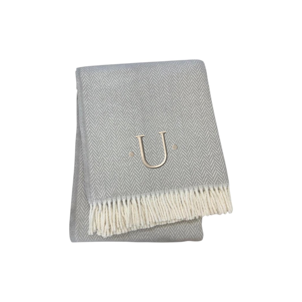 655544 70 x 55 x 0.50 in. Gray & White Herringbone Cotton Blend U Initial Throw Blanket with Tassels & Embroidery
