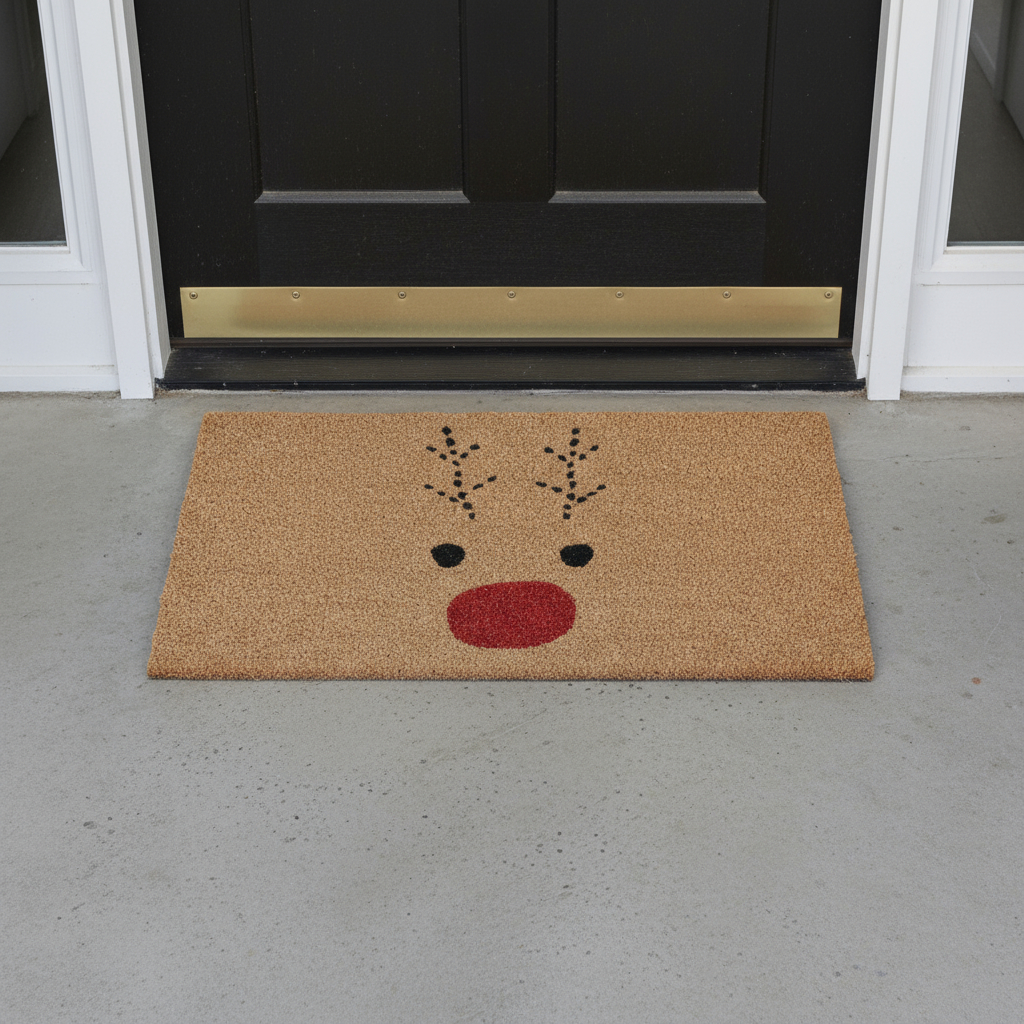 654379 24 x 36 in. Brown, Red & Black Christmas Reindeer Outdoor Coir Door Mat