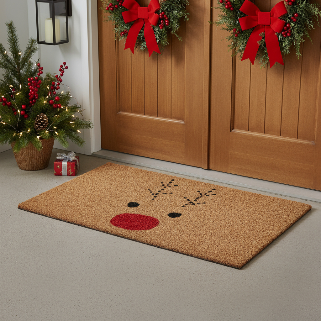 654380 24 x 48 in. Brown, Red & Black Christmas Reindeer Outdoor Coir Door Mat