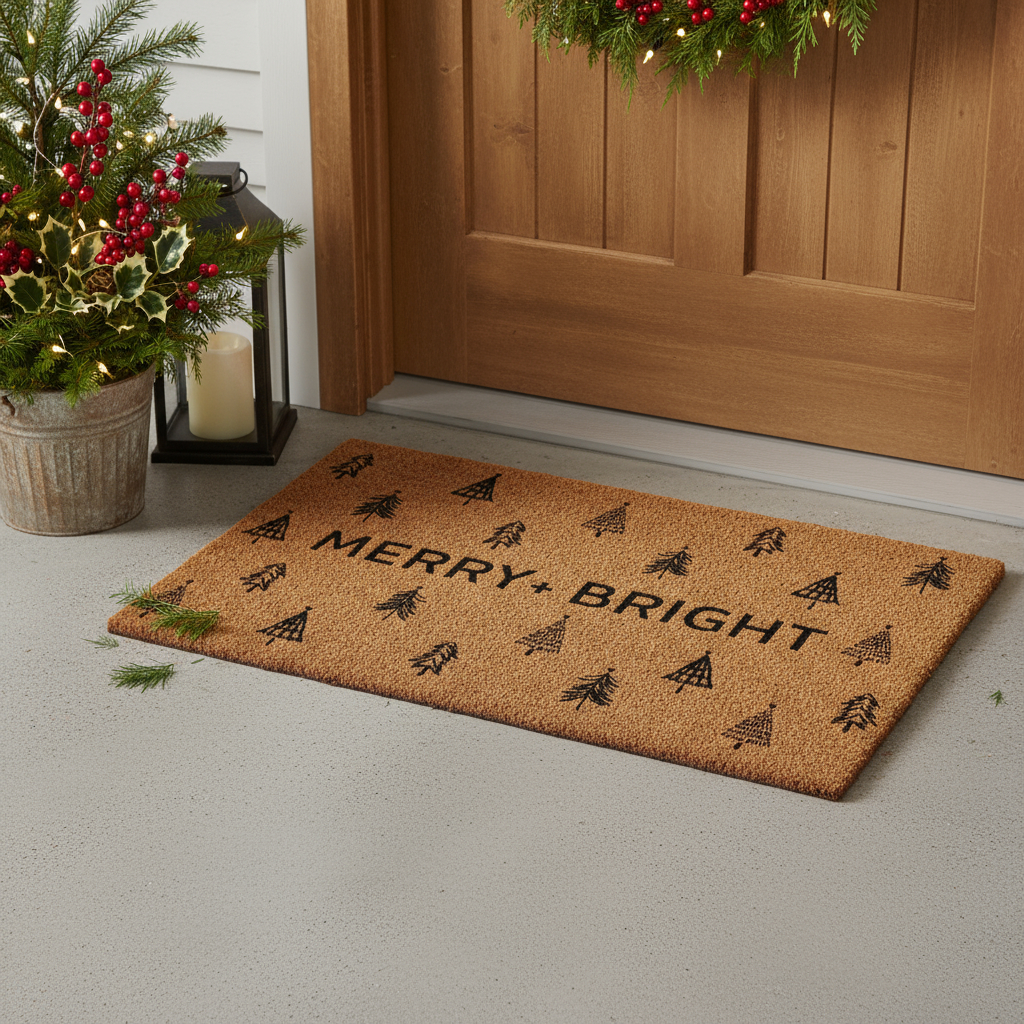 654449 24 x 36 in. Brown & Black Christmas Tree Merry & Bright Outdoor Coir Door Mat