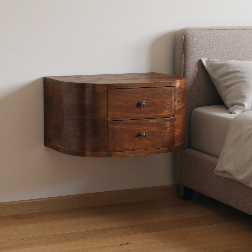 653814 9.80 x 17.70 x 11.80 in. Brown Solid Wood Round 2 Drawers Floating Nightstand