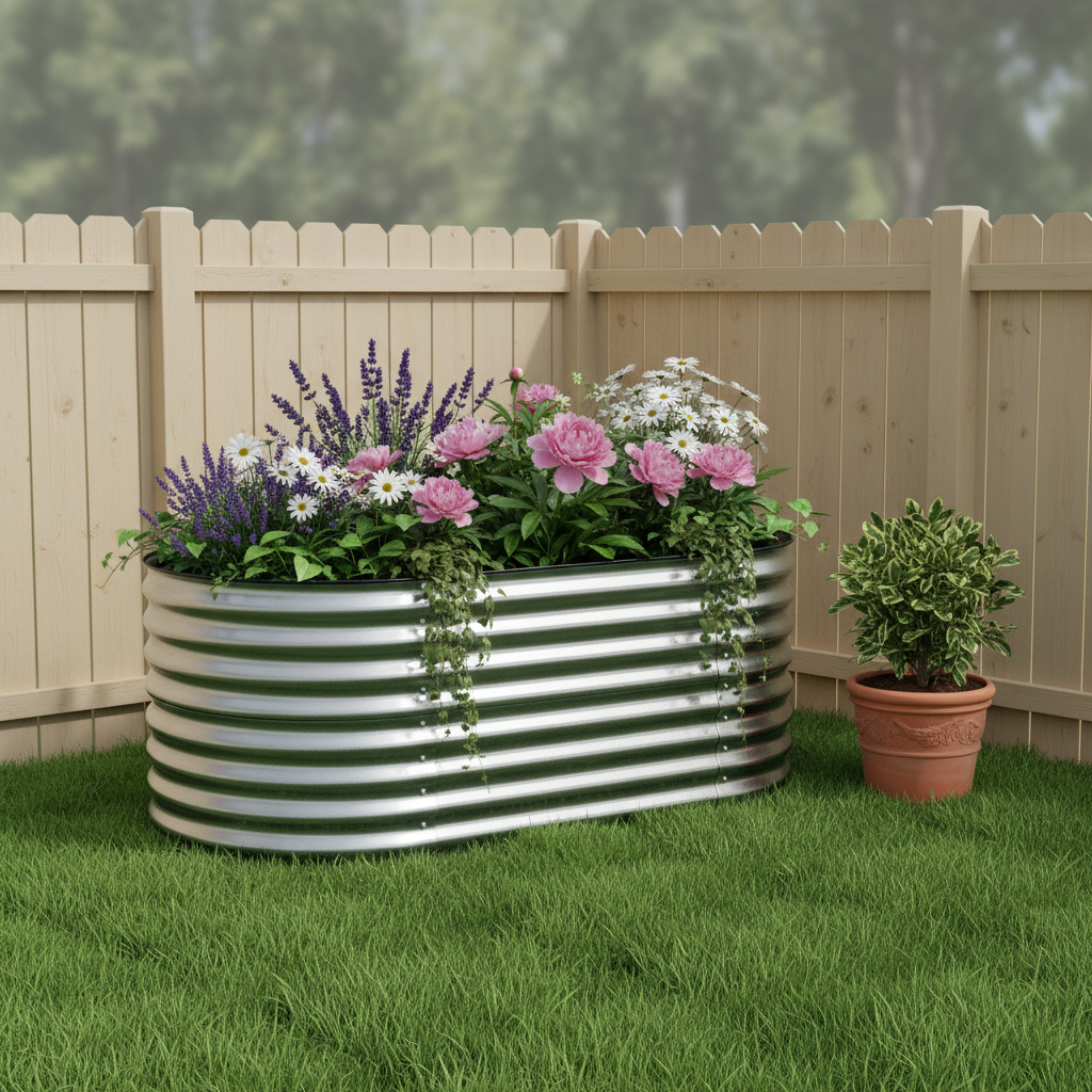 668464 32 x 63 in. Silver Metal Oval Raised Garden Bed