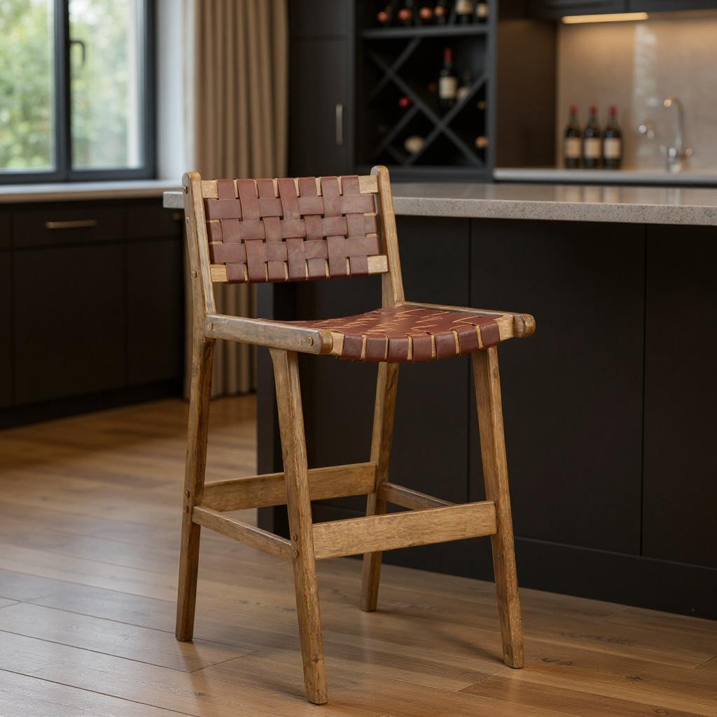 668802 29 in. Brown Leather & Solid Wood Low Back Height Bar Chair