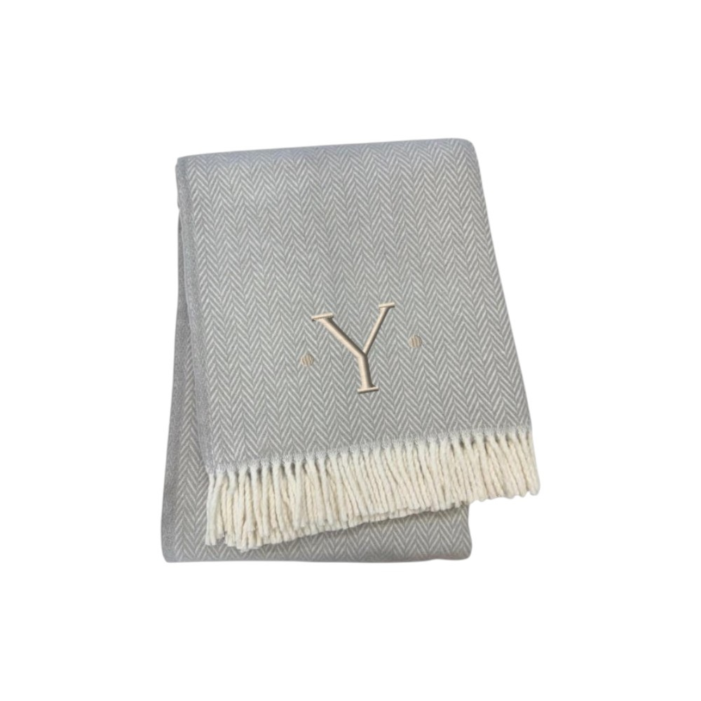 655548 70 x 55 x 0.50 in. Gray & White Herringbone Cotton Blend Y Initial Throw Blanket with Tassels & Embroidery