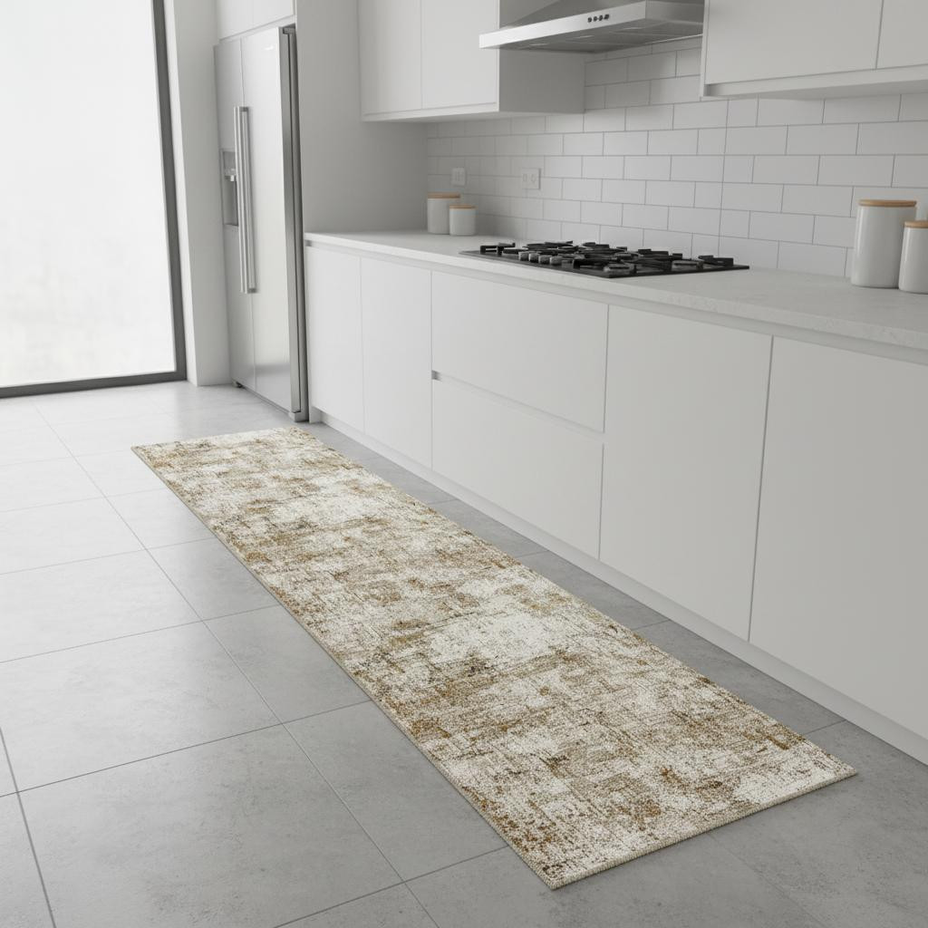 668912 8 ft. Brown & Ivory Abstract Washable Machine Made Runner Area Rug