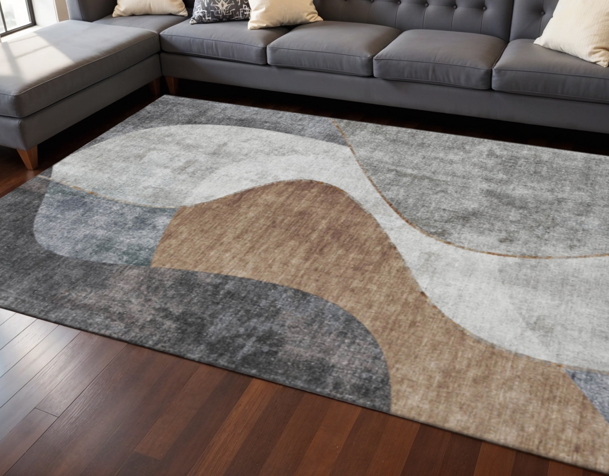 653169 9 x 12 ft. Gray Brown & Ivory Abstract Transitional Washable Machine Made Rectangle Area Rug with UV Protection