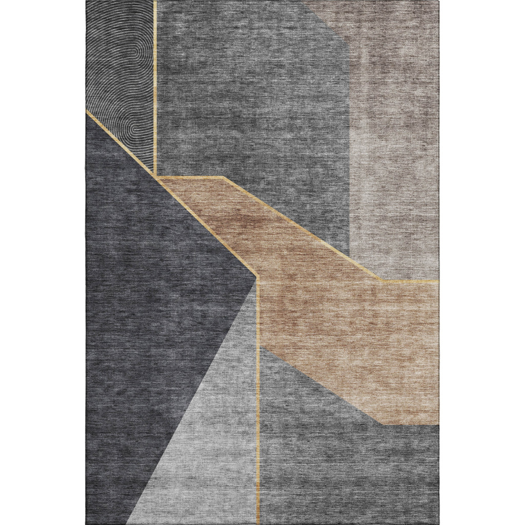 653737 10 x 14 ft. Charcoal Gold & Brown Geometric Washable Machine Made Rectangle Area Rug with UV Protection